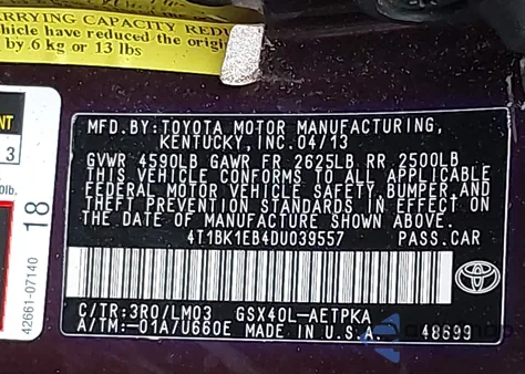 2013 Toyota Avalon Limited из США, поврежденный, VIN 4T1BK1EB4DU039557